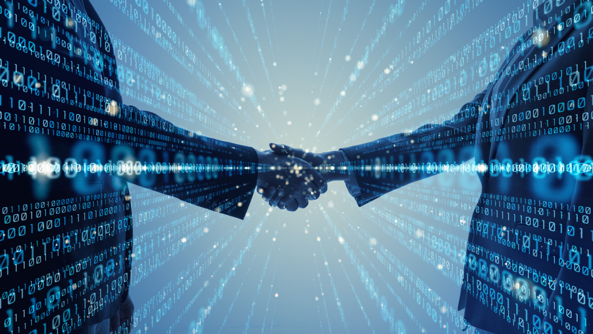 Dos figuras hechas de código binario realizan un apretón de manos, representando la alianza entre la tecnología de RH y el talento humano en el reclutamiento 4.0 en México.